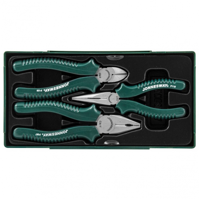 Набор JONNESWAY P0813SC (пассатижи, утконосы, бокорезы), 3 предмета (ложемент с пластиковой крышкой)